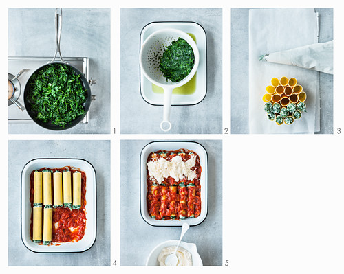 Gratinated ricotta and spinach cannelloni with tomato sauce being made