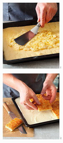 Bienenstich (caramelised almond cake) being constructed