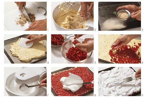 Preparing redcurrant cake with meringue topping