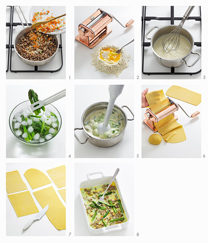 Lasagne mit grünem Spargel und Kalbfleisch zubereiten