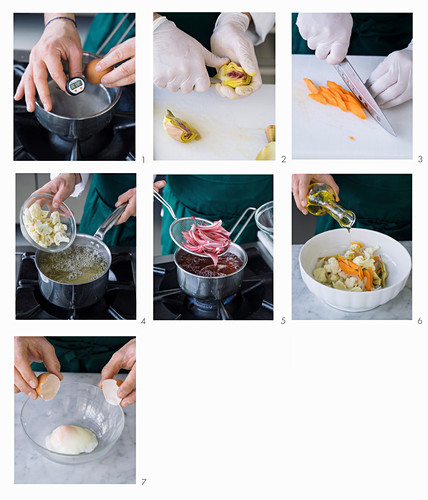 Blanchiertes Gemüse mit langsam gegartem Ei zubereiten