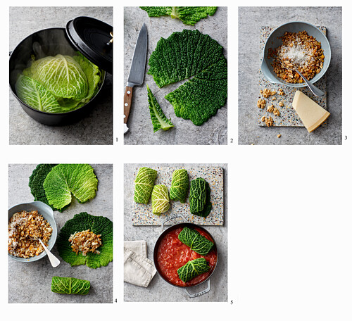 Savoy cabbage parcels filled with unripe spelt grain and tomato sugo being made