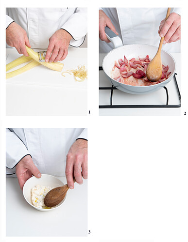 Preparing layered Pane Guttiau and red onions