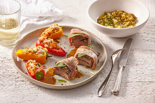 Veal saltimbocca with stuffed peppers