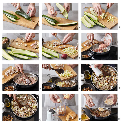 Preparing zucchini stuffed with minced meat and herb breadcrumbs