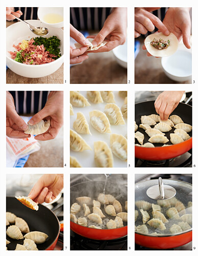 Preparing pork ginger gyozas