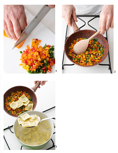 Preparing ravioli di magro with colorful vegetables