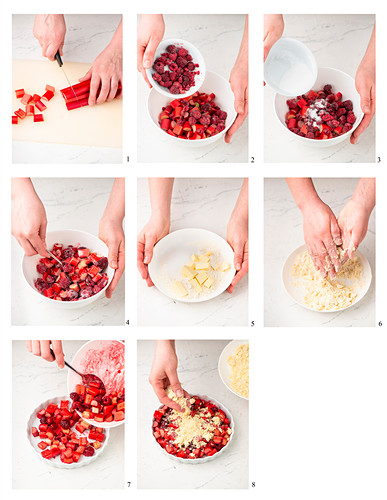 Preparing rhubarb and raspberry crumble