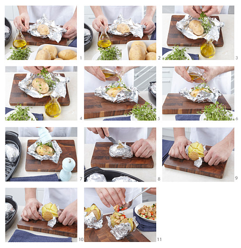 Baked potatoes with three stuffings, step by step