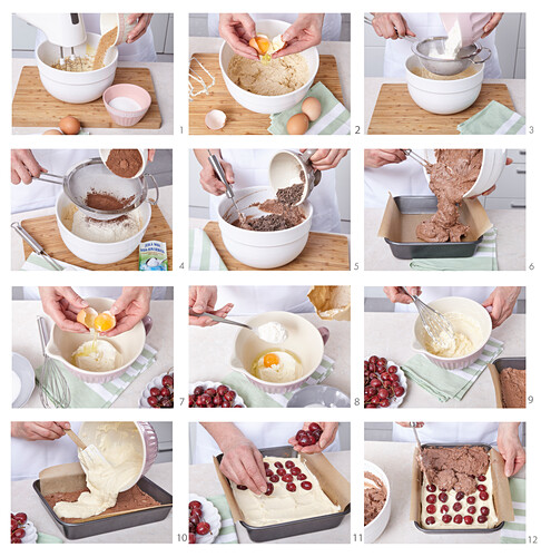Baking cocoa cuts with mascarpone and cherries
