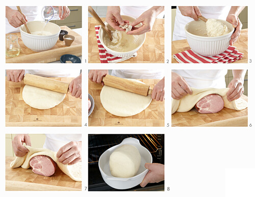 Baked smoked pork in bread dough - step by step
