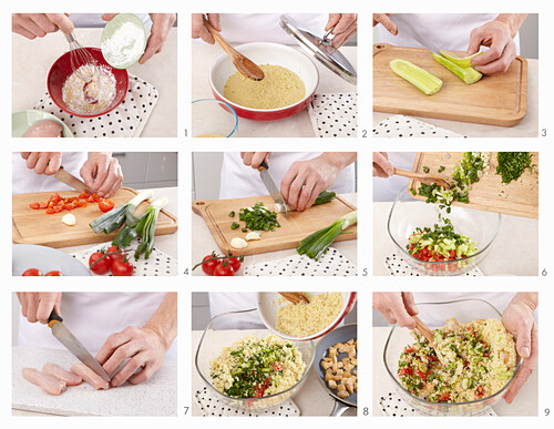 Couscous-Salat mit Hühnchen und Gemüse zubereiten