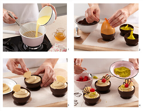 Preparing chocolate bowls with caffee honey cream
