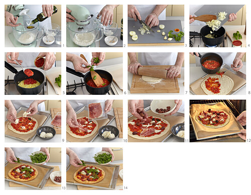 Preparing home made pizza with prosciutto