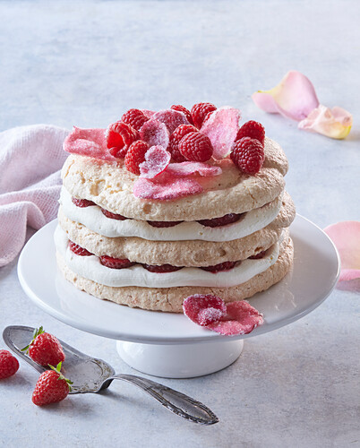 Meringue cake with candied rose petals