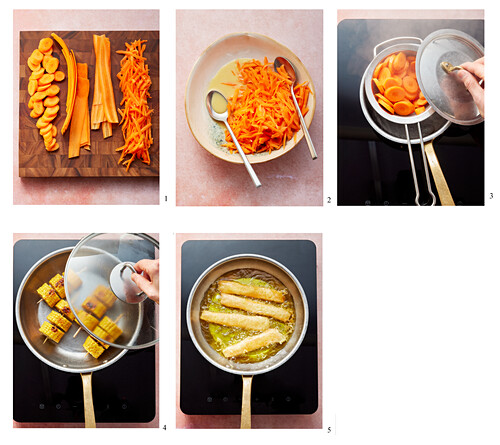 A colourful bowl with three kinds of carrots being made