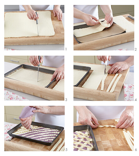 Preparing a simple sheet cake with puff pastry and a pastry lattice