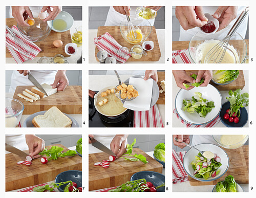 Salad with saffron mayonnaise and cheese croutons - step by step