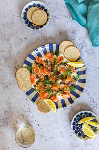 Labneh board, topped with Smoked Salmon and Dill and served with oat biscuits