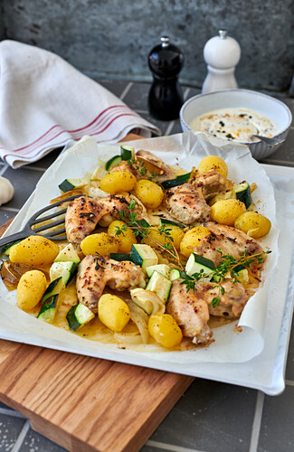 Lime chicken with courgettes and potatoes tray bake served with mayonnaise