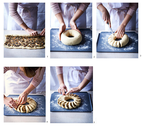 Making a fruit and pistachio bread wreath
