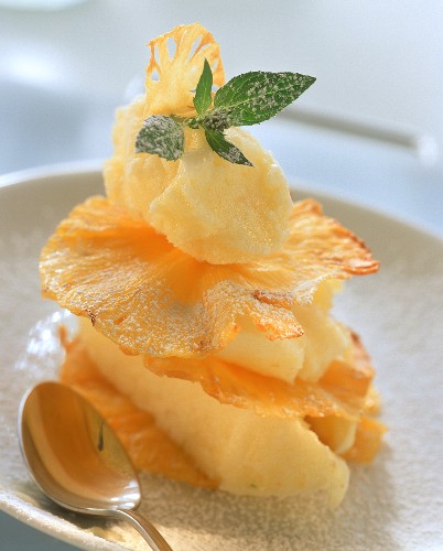 Pineapple sorbet with pineapple chips