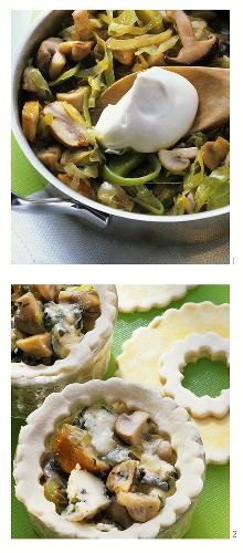 Preparing pie in dish with mushroom ragout