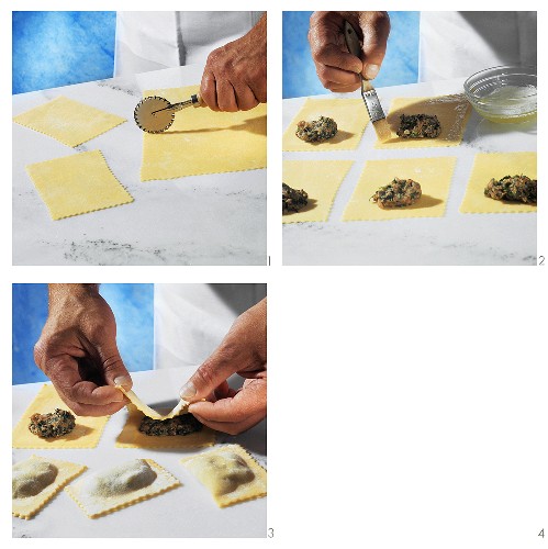 Making ravioli with mince filling