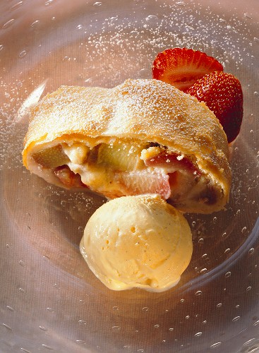 Rhubarb and strawberry strudel with vanilla ice cream