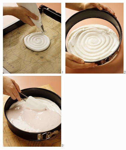 Making & filling meringue base for strawberry ice cream cake