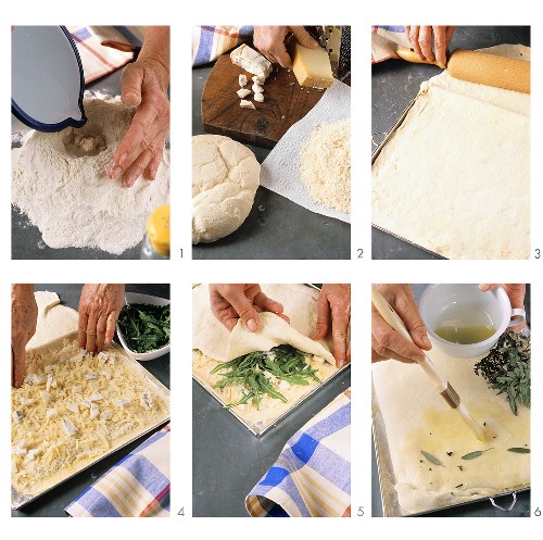 Making focaccia with cheese and herb filling