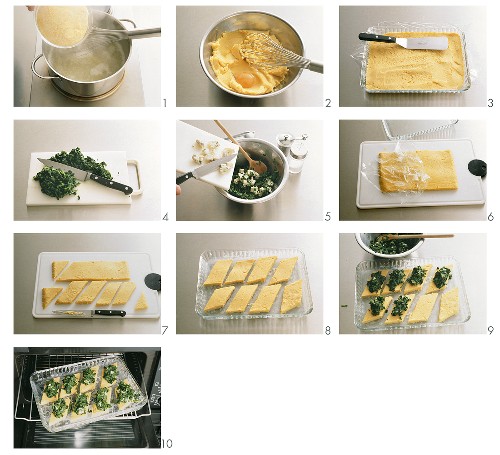 Making polenta slices with spinach