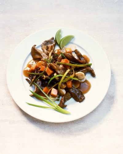 Pan-cooked beef dish with oyster mushrooms