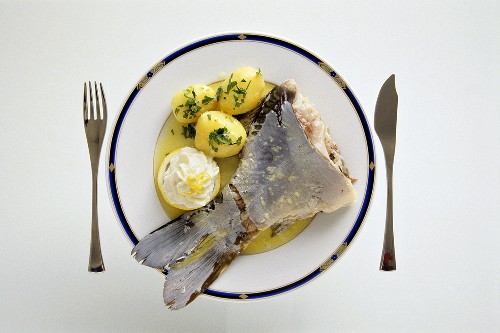 Carp cooked blue with creamed horseradish & boiled potatoes
