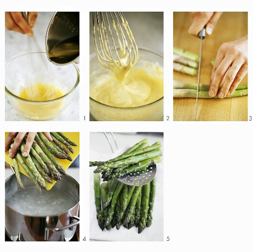 Preparing green asparagus with mayonnaise