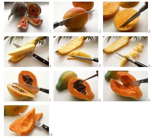 Preparing fruit platter: pineapple, mango, papaya & fig