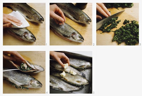 Making stuffed trout with spinach