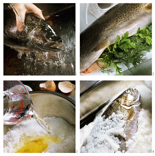 Preparing salmon trout in salt coating