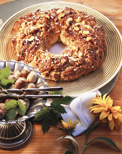 Nut wreath with granulated sugar on large plate