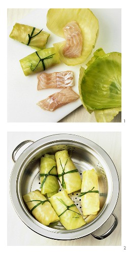 Making white cabbage rolls with salmon