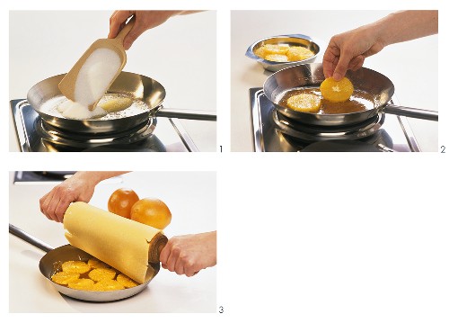 Making orange tart: caramelising oranges