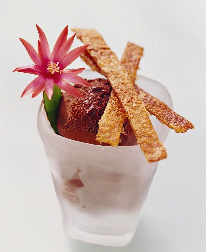 Chocolate ice cream with sweet tortilla sticks