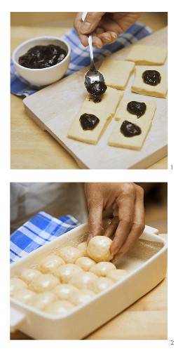 Making sponge rolls: filling and putting into baking tin