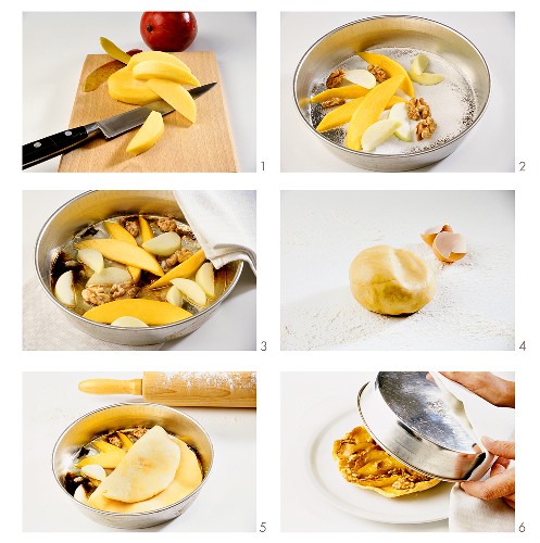 Mango-Apfel-Tarte mit karamellisierten Walnüssen zubereiten