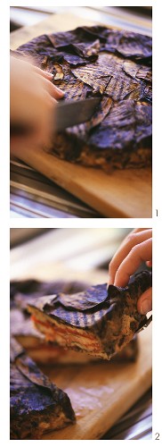 Cutting aubergine and pepper cake