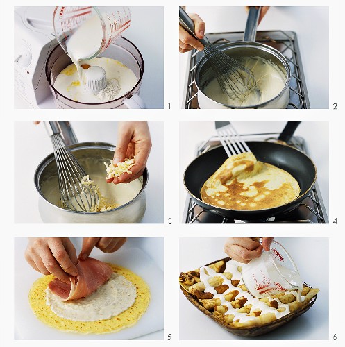 Making baked pancakes with ham and cheese