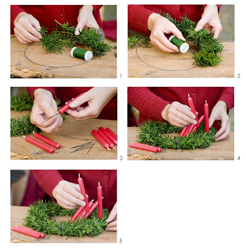 Making a Christmas wreath of yew with red candles