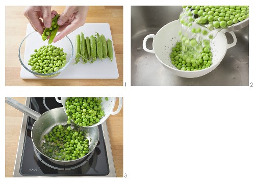 Preparing and cooking green peas with mint