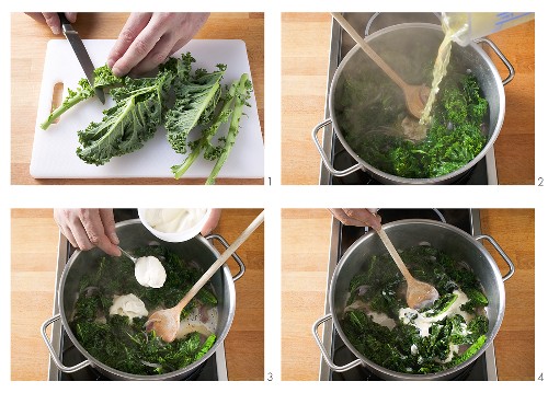 Preparing and cooking kale with onion
