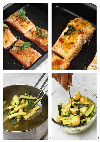Preparing salmon with mustard fruit, potatoes & courgettes